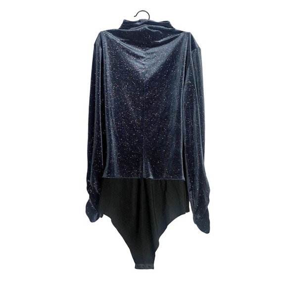 ZARA Navy Blue Ruched Velvet Glitter Mock Neck Long-sleeve Bodysuit - Picture 3 of 9